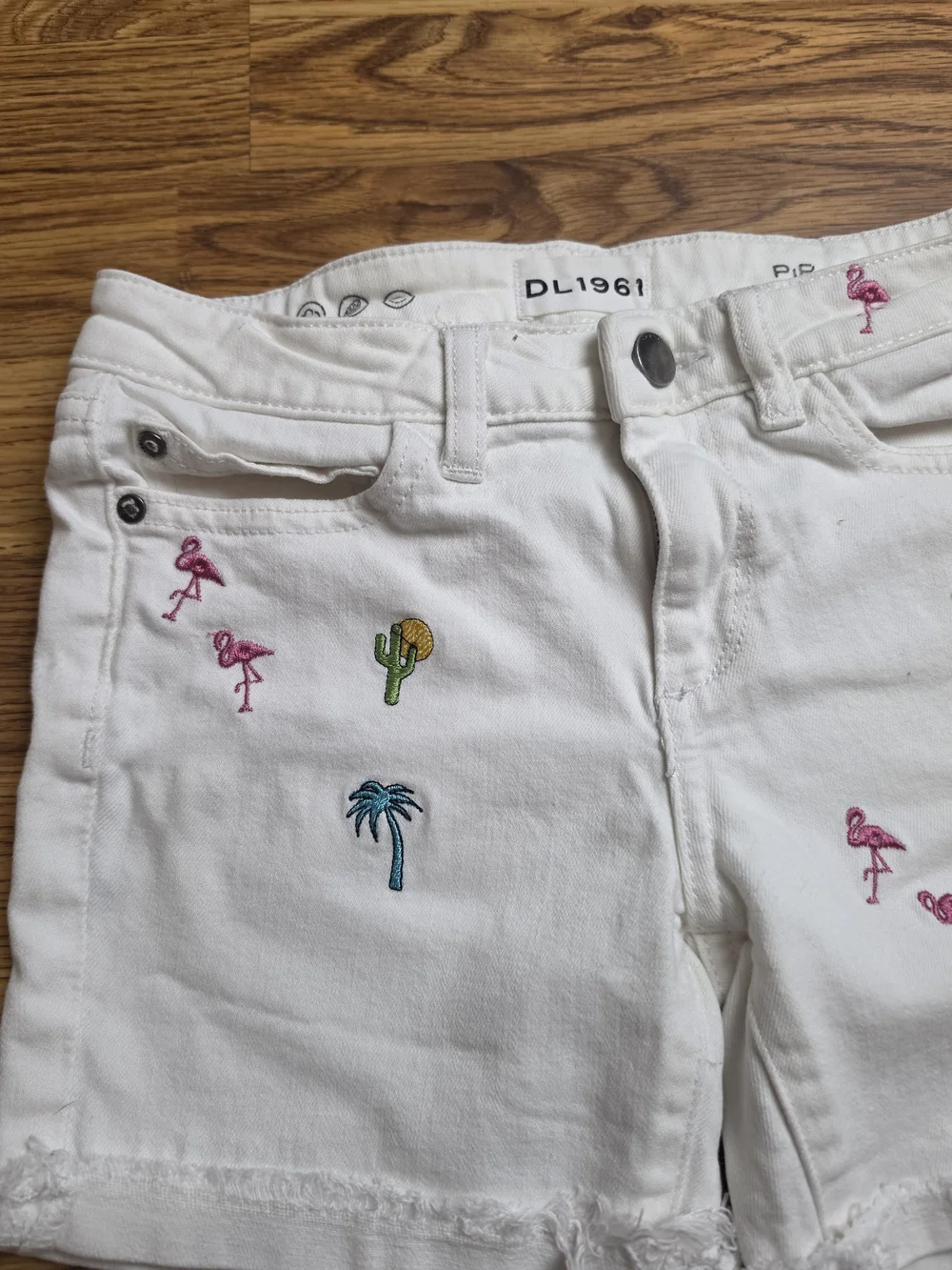 DL1961 White Denim Shorts with Multicolor Tropical Embroidery